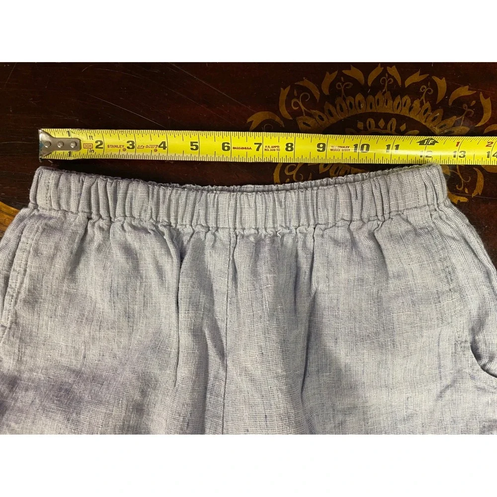 FLAX Jeanne Engelhart 3 Pc Blue 100% Linen Set Shirt Top Barrel Crop Pants S